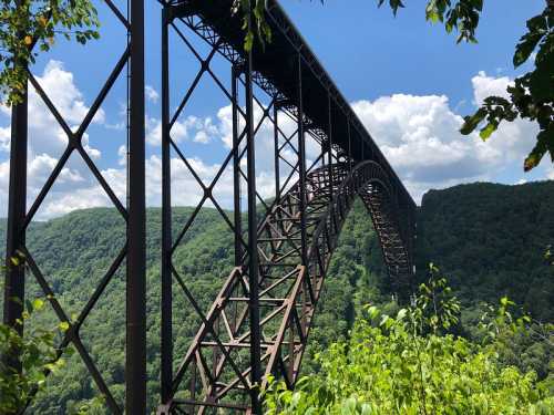 A tall, arched metal bridge spans a lush green valley under a blue sky with fluffy clouds.