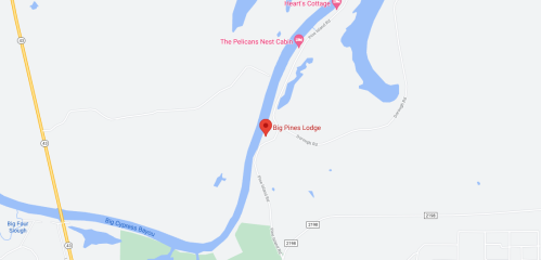 Map showing the location of Big Pines Lodge near a river, with nearby landmarks and roads indicated.