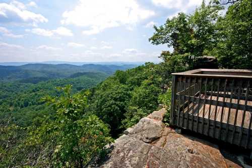 A scenic view from a rocky overlook, showcasing lush green mountains and a blue sky with scattered clouds.