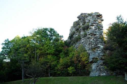 A tall rock formation surrounded by lush green trees under a clear sky.