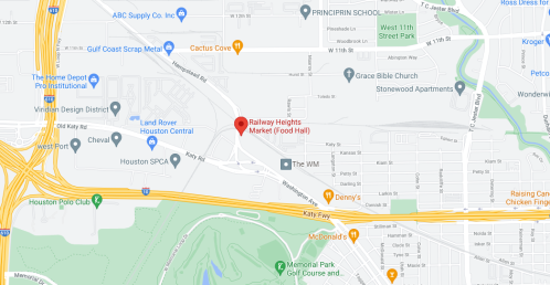 Map showing Railway Heights Market (Food Hall) in Houston, Texas, with nearby roads and landmarks.