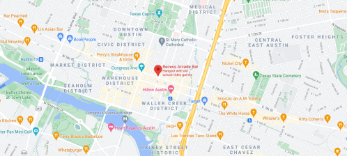 Map of downtown Austin, Texas, highlighting various districts, landmarks, and businesses, including Hilton Austin.