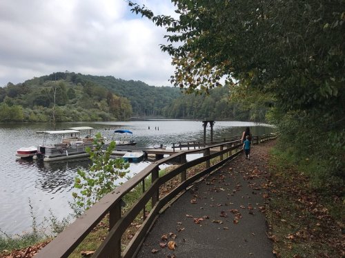 A serene lakeside path with a person walking, boats docked, and trees lining the water under a cloudy sky.