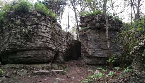 Two large rock formations stand on either side of a narrow path in a wooded area, surrounded by greenery.