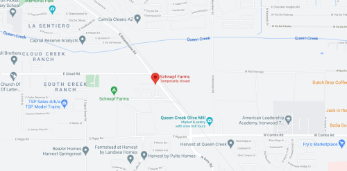 Map showing the location of Schnepf Farms, marked as temporarily closed, near Queen Creek, Arizona.