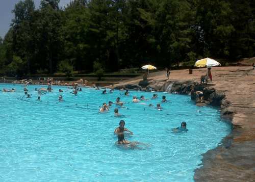A crowded outdoor pool with people swimming and relaxing, surrounded by trees and umbrellas on the shore.