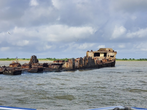 A weathered shipwreck partially submerged in calm waters, surrounded by green land and a cloudy sky.