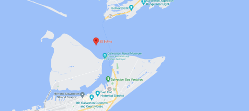 Map showing the location of SS Selma near Galveston, Texas, with nearby landmarks and water features.