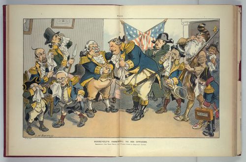 A satirical illustration of Roosevelt addressing his officers, featuring exaggerated characters and patriotic themes.