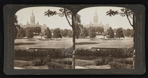 Historic stereoscopic view of Bushnell Park and the Connecticut State Capitol in Hartford, featuring lush greenery.