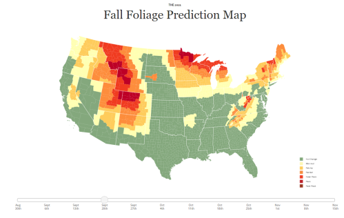 Map showing fall foliage predictions across the U.S. for 2014, with color-coded regions indicating peak times.