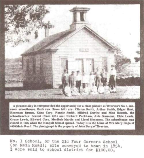Historic photo of the Old Four Corners School in Tiverton, 1910, with students and teachers outside the building.