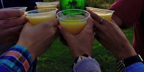 A group of hands holding plastic cups filled with a yellow drink, toasting together outdoors.