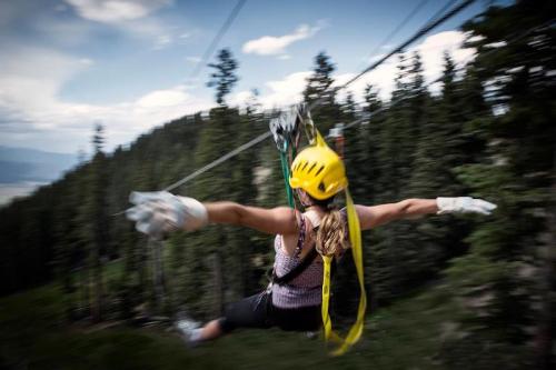 A person zip-lining through a forested area, wearing a helmet and gloves, with arms outstretched in excitement.