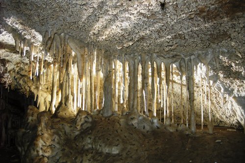 Stalactites and stalagmites in a dimly lit cave, showcasing unique rock formations and textures.