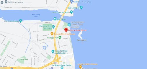 Map showing the location of the American Bank Center near the waterfront and various nearby attractions.