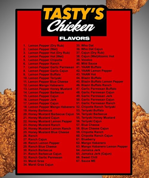 List of Tasty's Chicken flavors, including options like Lemon Pepper, Cajun, and Barbecue, displayed on a red background.