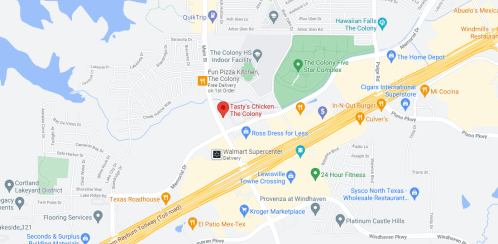 Map showing The Colony area in Texas, highlighting locations like Tasty's Chicken and Walmart Supercenter.