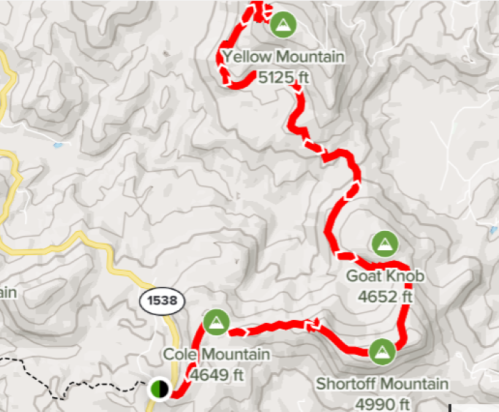 Map showing hiking trail with elevations for Yellow Mountain, Goat Knob, Cole Mountain, and Shortoff Mountain.