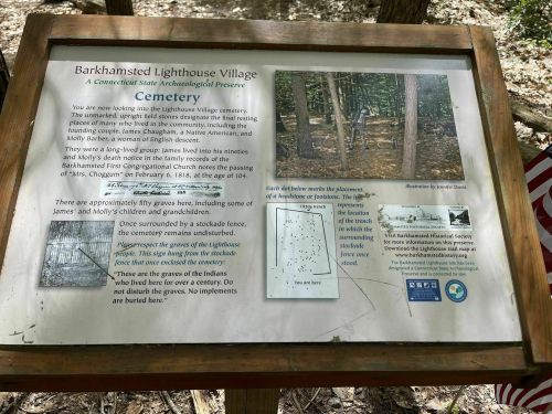 Sign about Barkhamsted Lighthouse Village Cemetery, detailing its history and the families buried there. Surrounded by trees.