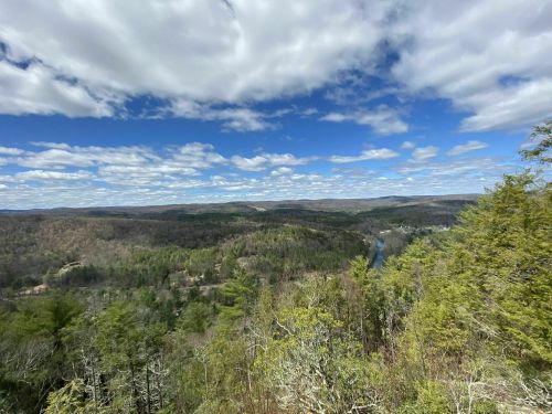 A panoramic view of rolling hills and a river under a partly cloudy sky, surrounded by trees.