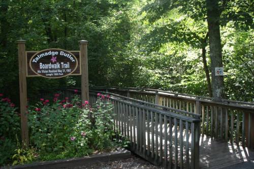 Sign for the Talmadge Butler Boardwalk Trail, surrounded by greenery and flowers, leading into a wooded area.