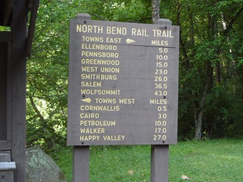 Signpost for North Bend Rail Trail listing towns and their distances in miles, surrounded by greenery.