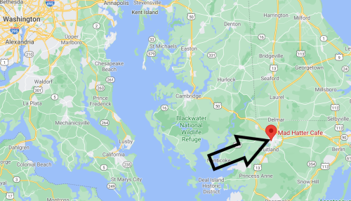 Map showing the location of Mad Hatter Cafe in Maryland, near the border of Delaware.