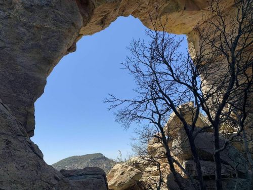 A natural rock arch frames a clear blue sky, with bare trees and rocky terrain in the foreground.