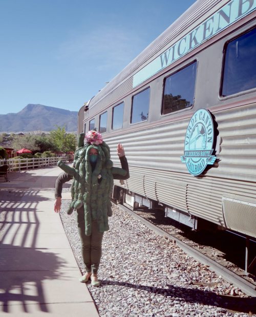 A person dressed in a cactus costume poses next to a vintage train in a scenic outdoor setting.