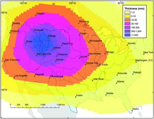 Map showing thickness levels in millimeters across the central and western U.S., with color-coded regions.