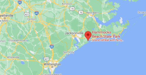 Map showing Hammocks Beach State Park near Jacksonville, North Carolina, with nearby roads and locations labeled.