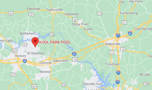 Map showing the location of Kool Park Pool near Hickory, North Carolina, with nearby roads and towns labeled.