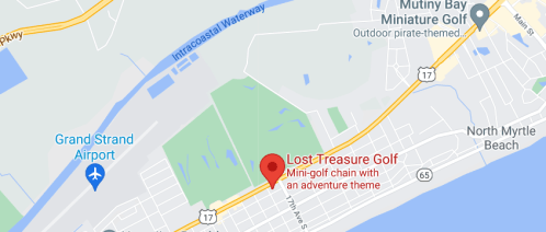 Map showing the location of Lost Treasure Golf, a mini-golf chain with an adventure theme near North Myrtle Beach.
