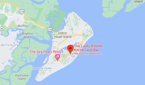 Map of Hilton Head Island highlighting The Lucky Rooster Kitchen and Bar and The Sea Pines Resort.