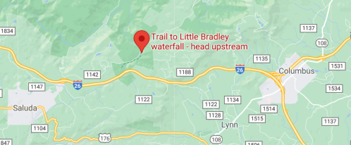Map showing the trail to Little Bradley Waterfall, located upstream near Columbus, with surrounding elevation markers.
