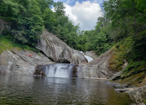 A serene waterfall cascades over rocky terrain, surrounded by lush green trees under a partly cloudy sky.