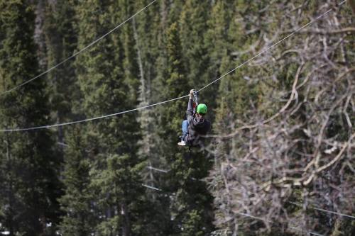 A person in a green helmet zip-lining through a forested area with tall trees.