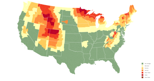 Map of the U.S. showing varying levels of vegetation change, with color gradients from green to red indicating different statuses.