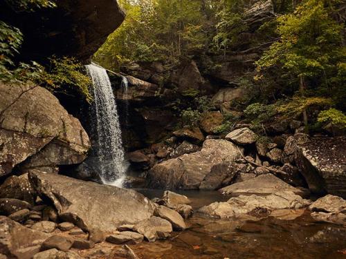 A serene waterfall cascades over rocks into a calm pool, surrounded by lush greenery and rugged stone formations.