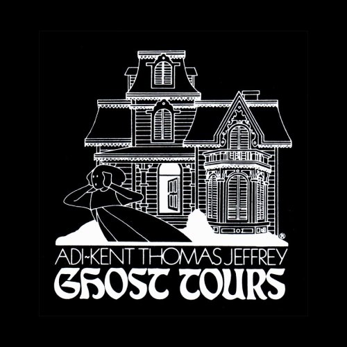 Logo for "Ghost Tours" featuring a haunted house and a ghostly figure in a vintage style.