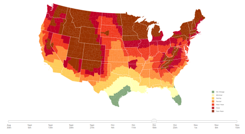 Map of the U.S. showing varying levels of drought severity from August to November, with color-coded regions.