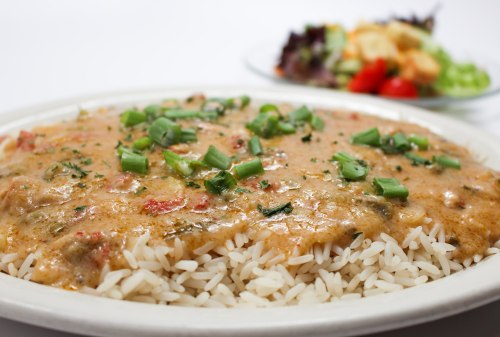 A plate of rice topped with a creamy sauce and green onions, accompanied by a side salad.
