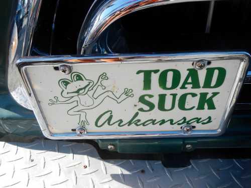 A humorous license plate featuring a frog and the words "TOAD SUCK Arkansas."