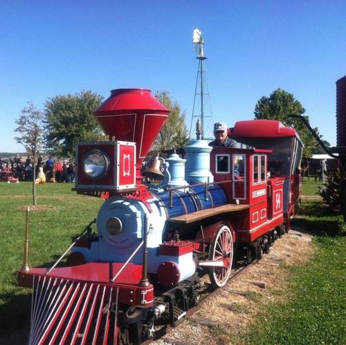 A colorful vintage steam train with a conductor, set in a grassy area with trees and a windmill in the background.
