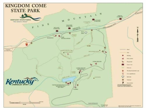 Map of Kingdom Come State Park in Kentucky, showing trails, facilities, and natural features.