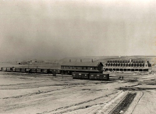 Historic black-and-white photo of a train station with freight cars and a large building in a barren landscape.