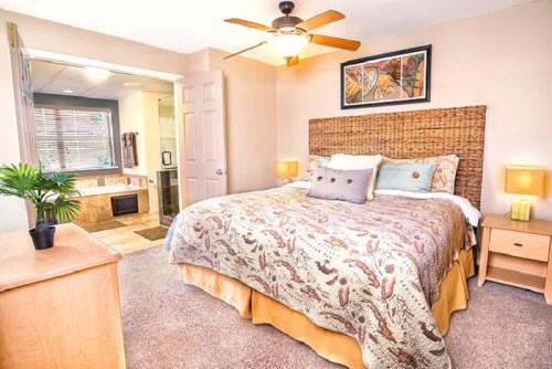 Cozy bedroom with a large bed, decorative pillows, and a ceiling fan, featuring warm tones and a bathroom entrance.
