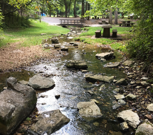 A serene stream flows through a wooded area, with rocks and picnic tables visible in the background.