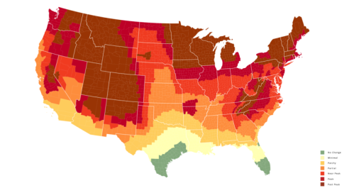 Map of the U.S. showing varying climate zones, with colors indicating levels of change from no change to partial loss.